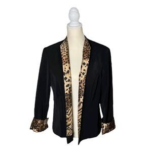 Jessica Howard Black Padded Shoulder Women’s Blazer Jacket Open Front Leopard 14